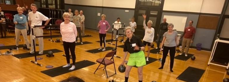 Retirees practicing Barre at RecFest 2023