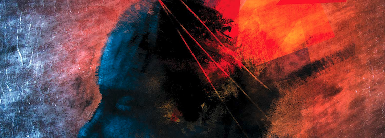 A painting depicts a dark blue head with closed eyes and abstract red and orange shapes eminating from the back of the head.